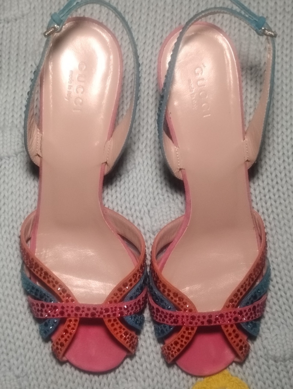 Gucci Pink, Blue & Orange Jeweled Slingback Sandals Heels Sz 7